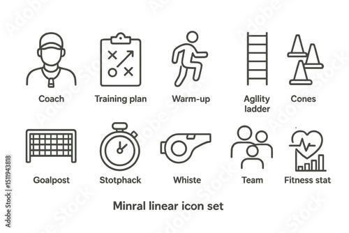 Sports training icon set featuring coach, plans, warm-up, agility, and fitness elements