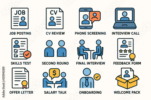 Recruitment process icons: interview, cv review, onboarding, skills test, salary discussion