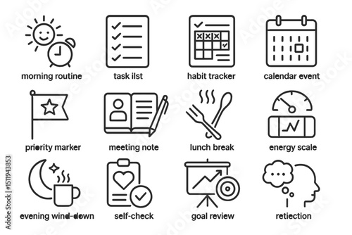 Outline icons for daily tasks: morning to evening routines and productivity tools