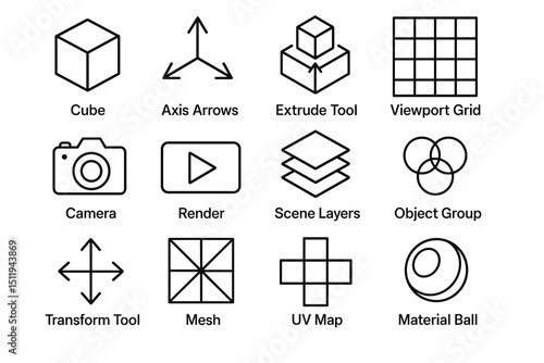 Basic 3d software interface icons including cube, axis arrows, and viewport grid