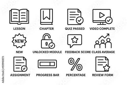 Education achievement icons: lesson, quiz passed, and video completion indicators
