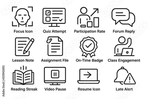 “educational icons set representing learning engagement and assessment tools”