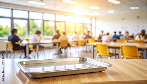 Plastic cafeteria tray on table school lunchroom background educational setting blurred environment conceptual focus
