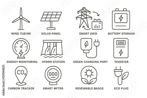 Renewable energy icons: wind turbine, solar panel, smart grid, battery storage