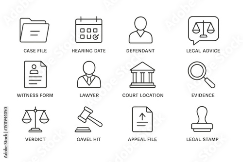 Legal icons set featuring case file, hearing date, lawyer, and court symbols