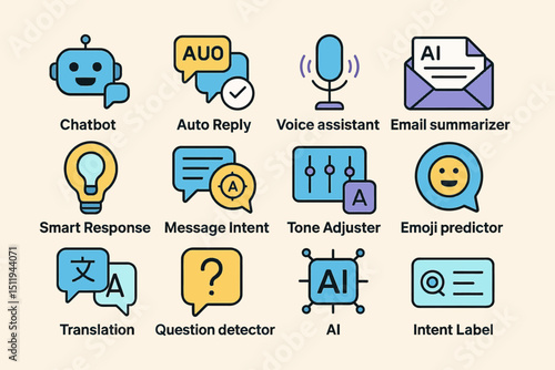 Ai icons: chatbot, translation, voice assistant, emoji predictor, email summarizer