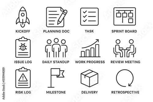 Project management icons: planning, tasks, meetings, progress tracking, and risk management