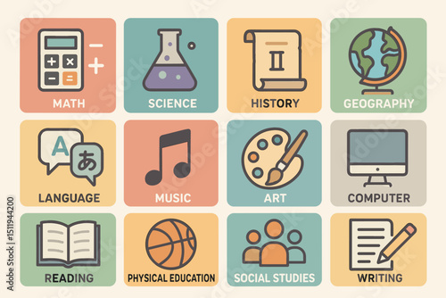 Colorful icons representing school subjects like math, science, art, and more