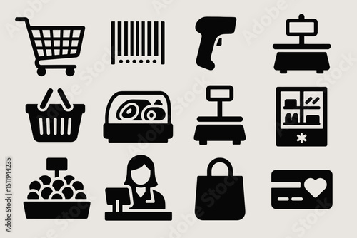 Retail icons set: shopping cart, barcode, checkout, pos terminal, grocery for store design