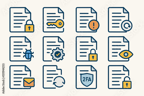 Security and protection icons: lock, key, warning, gear, 2fa, and clock graphic set
