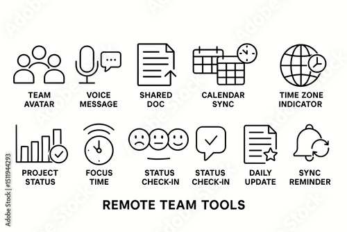 Remote team tools icons: voice message, shared doc, status check-in, calendar sync, project status