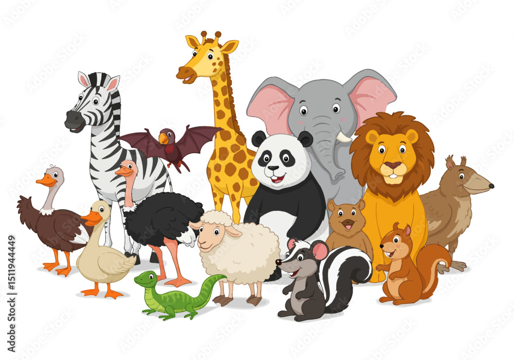 Naklejka premium Cartoon Animals Zebra Giraffe Elephant Lion Panda and More