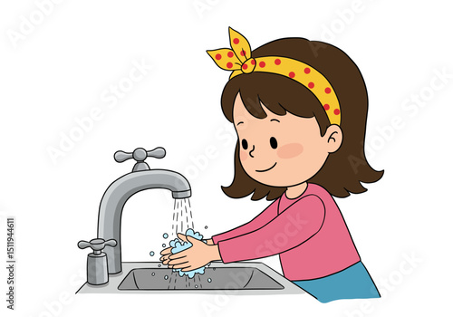 Cartoon girl washing hands with soap under running water