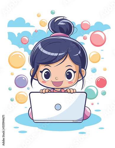 Cheerful Girl with Laptop Surrounded by Colorful Bubbles