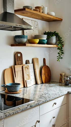 Modern kitchen countertop with wooden utensils and colorful bowls  