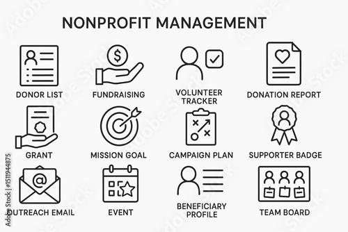 Nonprofit management icons for fundraising, volunteer tracking, and campaign planning