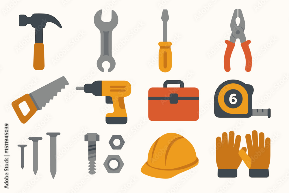 Obraz premium Collection of construction tools and safety equipment icons
