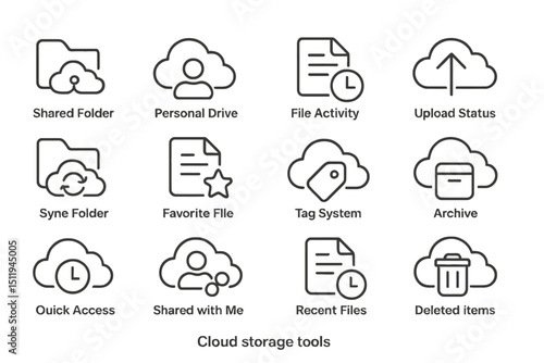 Cloud storage icons: folder, drive, file activity, sync, archive, access, deletion