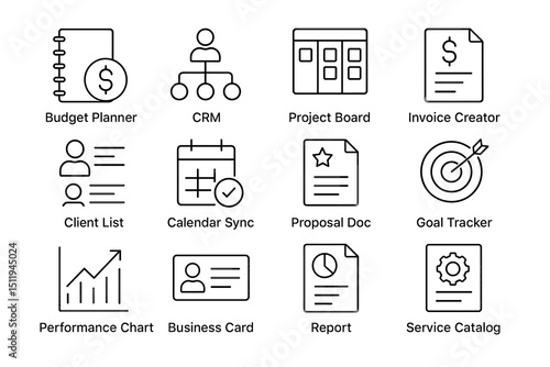 Business tools icons: budget, crm, project management, invoice, goal tracking