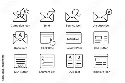 Email marketing icons: campaign, send, bounce, unsubscribe, open rate, click rate