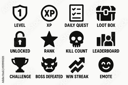 Video game interface icons: level, xp, daily quest, loot box, emote