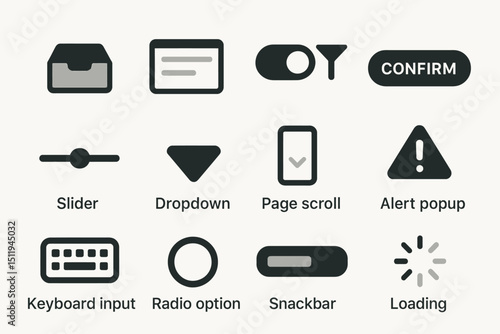 Ui elements set: icons for dropdown, toggle, alert, confirm, loading, snackbar