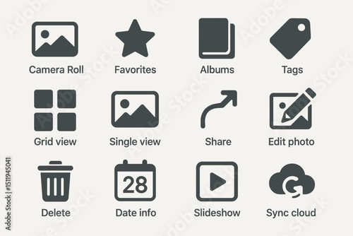Photo app icon set featuring camera roll, favorites, albums, and more