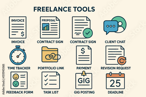 Essential freelance tools icons for invoicing, contracts, and project management