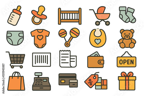 Colorful baby and shopping icon set with stroller, bottle, and gift