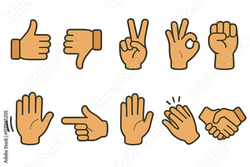 Set of hand gesture icons including thumbs up and peace sign on brown background