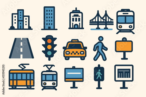 Urban transportation icons: buildings, bridge, vehicles, road, signage