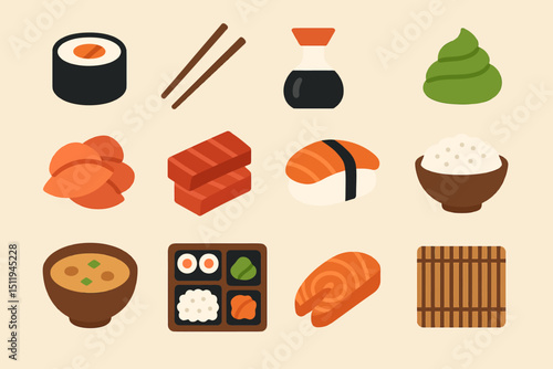 Assorted japanese cuisine icons: sushi, ramen, wasabi, soy sauce, chopsticks