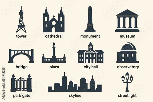 Icon set featuring urban architecture and landmarks