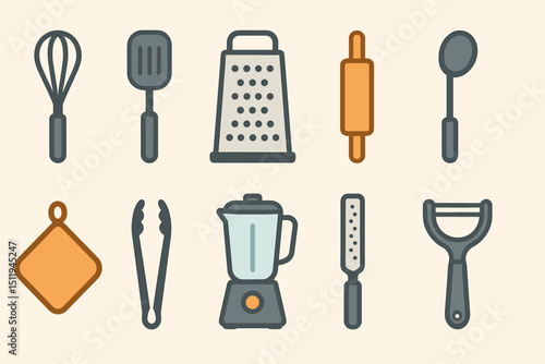Collection of essential kitchen utensils and appliances in minimalist design