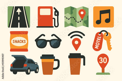 Road trip essentials icons map fuel music snacks car motel keys coffee