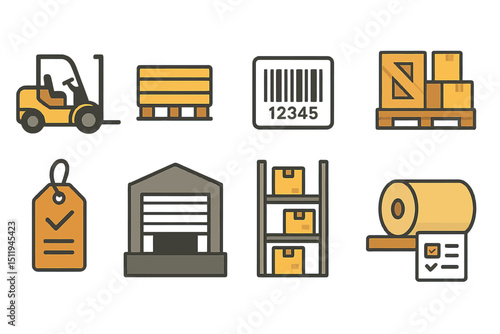 Warehouse and logistics icons featuring forklift, pallet, barcode, and inventory management