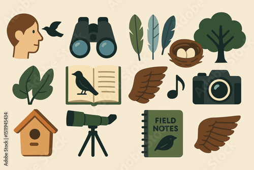 Birdwatching essentials: binoculars, birdhouse, field notes, telescope, camera, nature icons