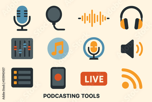 Essential tools for podcasting: microphone, headphones, soundwave, mixer, live icon