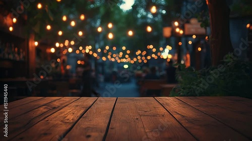 Charming outdoor cafe scene with warm lighting and a rustic wooden table texture