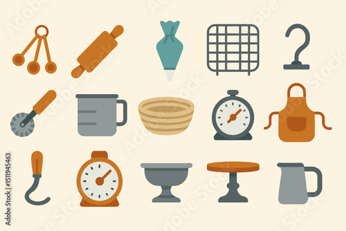 Collection of baking tools and utensils: measuring, mixing, and decorating essentials