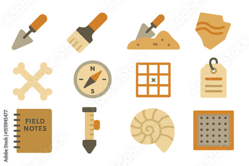 Archaeological tools and symbols set with compass, trowel, and field notes on textured background