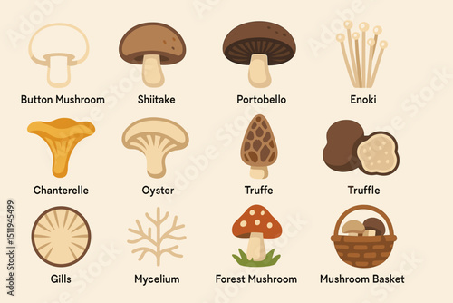 Illustration of various mushrooms including shiitake, portobello, and chanterelle