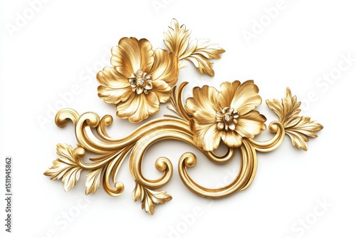 Golden floral ornament with scrolls and leaves for decoration and design projects, invitations, and greeting cards.