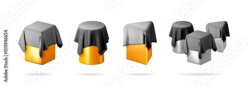 Gold, orange and silver boxes or podiums covered with dark grey or black cloth for product presentation on plain white background.