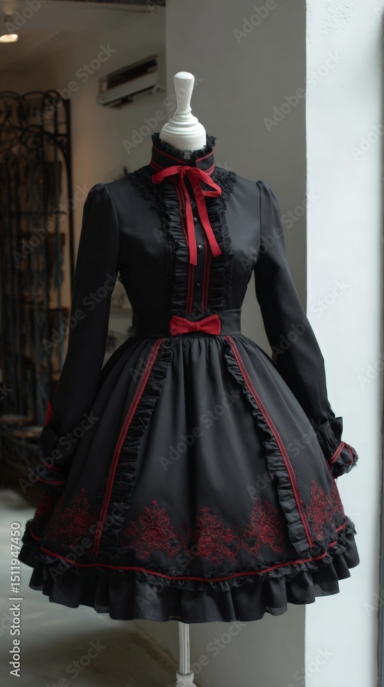 Obraz premium Elegant black lolita dress with red accents on mannequin in boutique setting