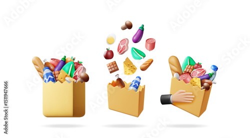 Three grocery concept illustrations with healthy food products, online shopping, and supermarket delivery. Shop and market goods for a fresh nutrition diet.