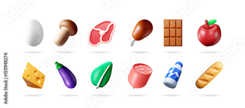 White egg, mushroom, steak, chicken, chocolate, apple, cheese, eggplant, leaf, sausage, milk bottle, and bread 3d icon set collection.
