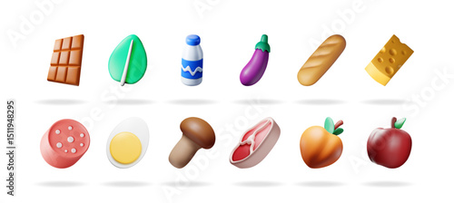 Assortment of 3d vector icons representing various food items including fruit, vegetable, meat, and dairy products for healthy eating and grocery shopping concept.