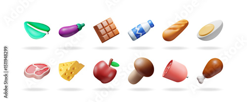 Collection of 3d vector illustrations of various food items including fruit, vegetables, meat, bread, and dairy. Grocery concept.