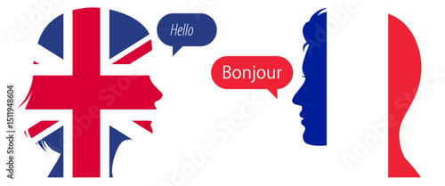 Silhouettes of people holding English and French flags, saying Hello and Bonjour. Concept of international communication, language learning and cultural exchange